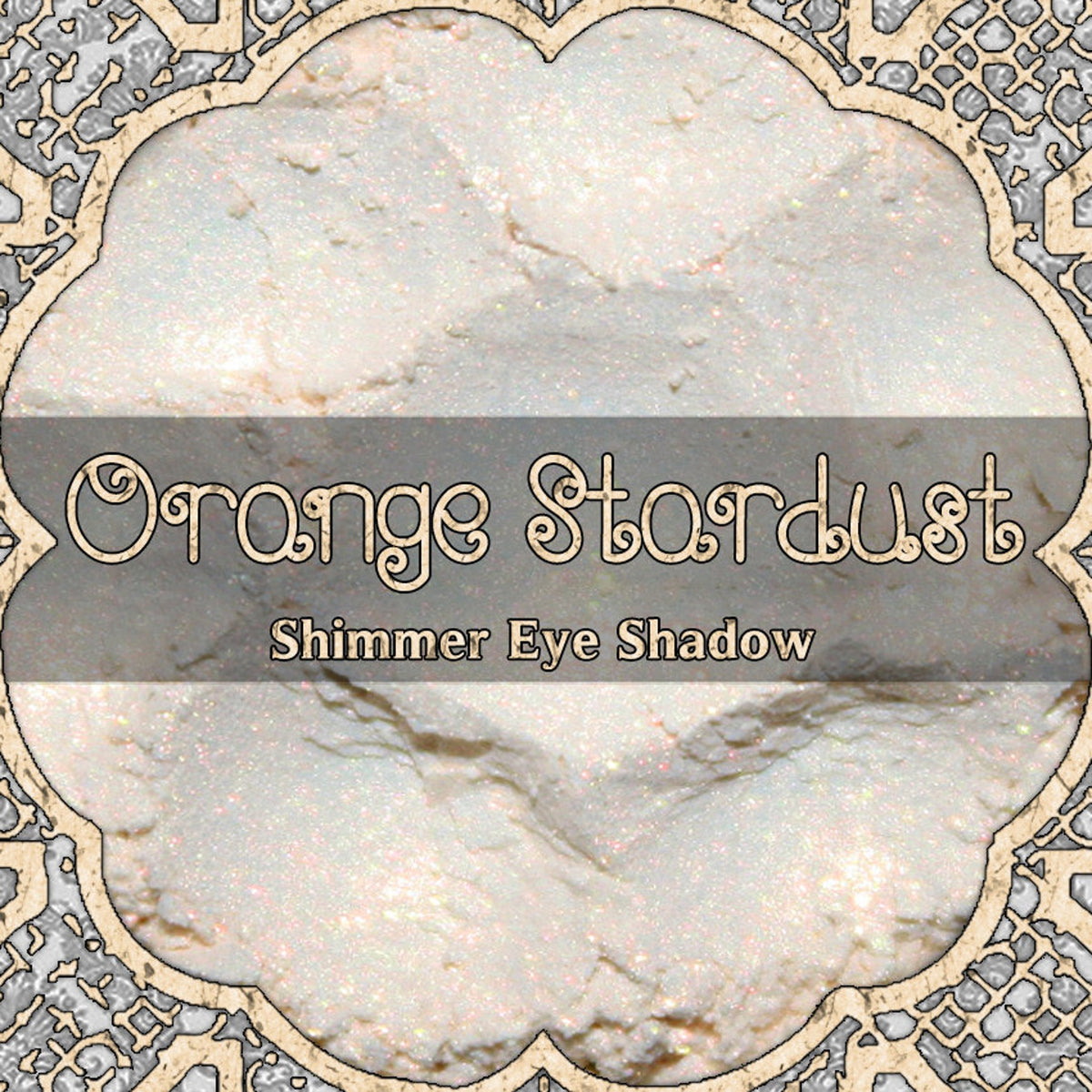Orange Stardust loose eyeshadow with iridescent shimmer in a clear jar, vegan cosmetic powder