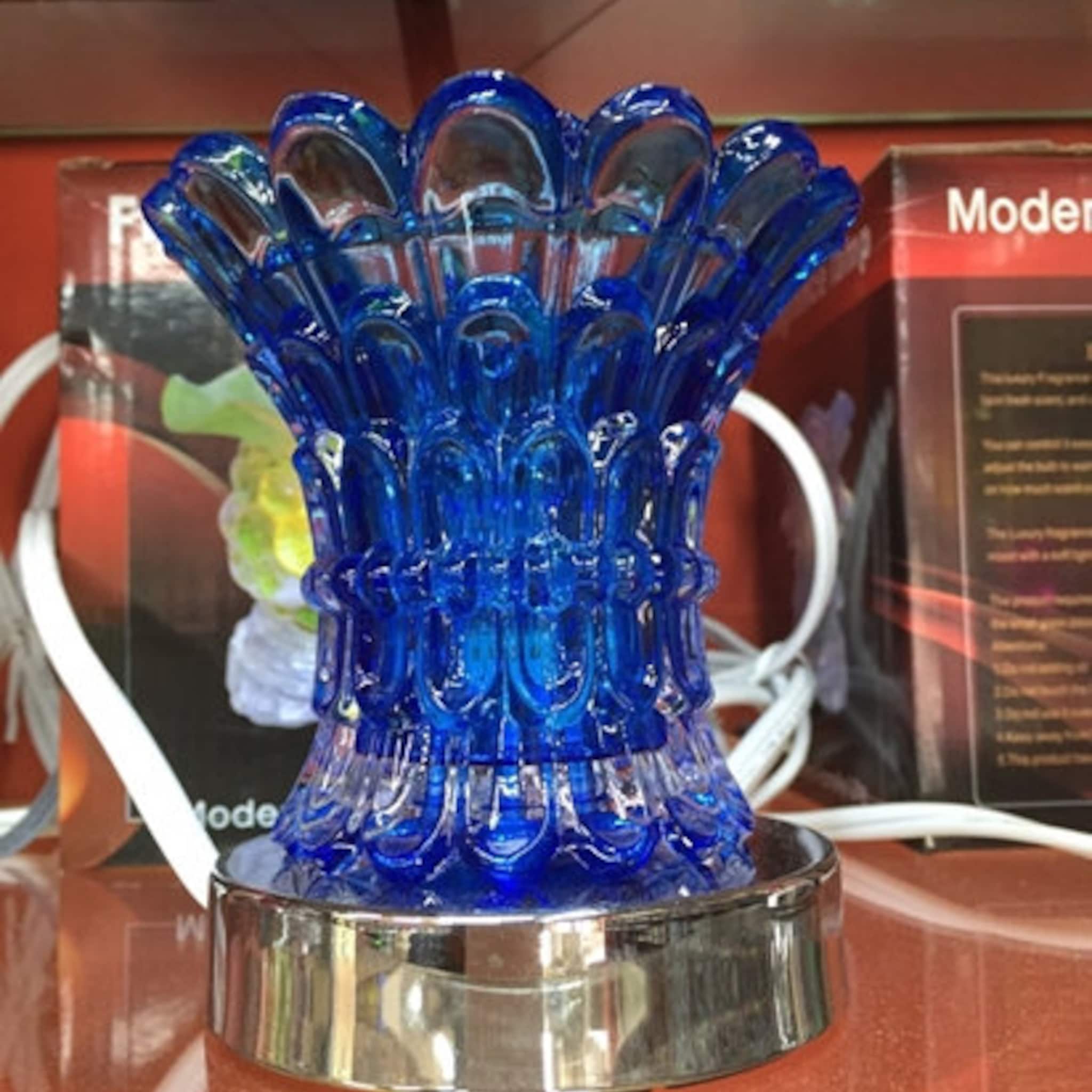 Glass lamp blue glass floral design with silver base and white cord