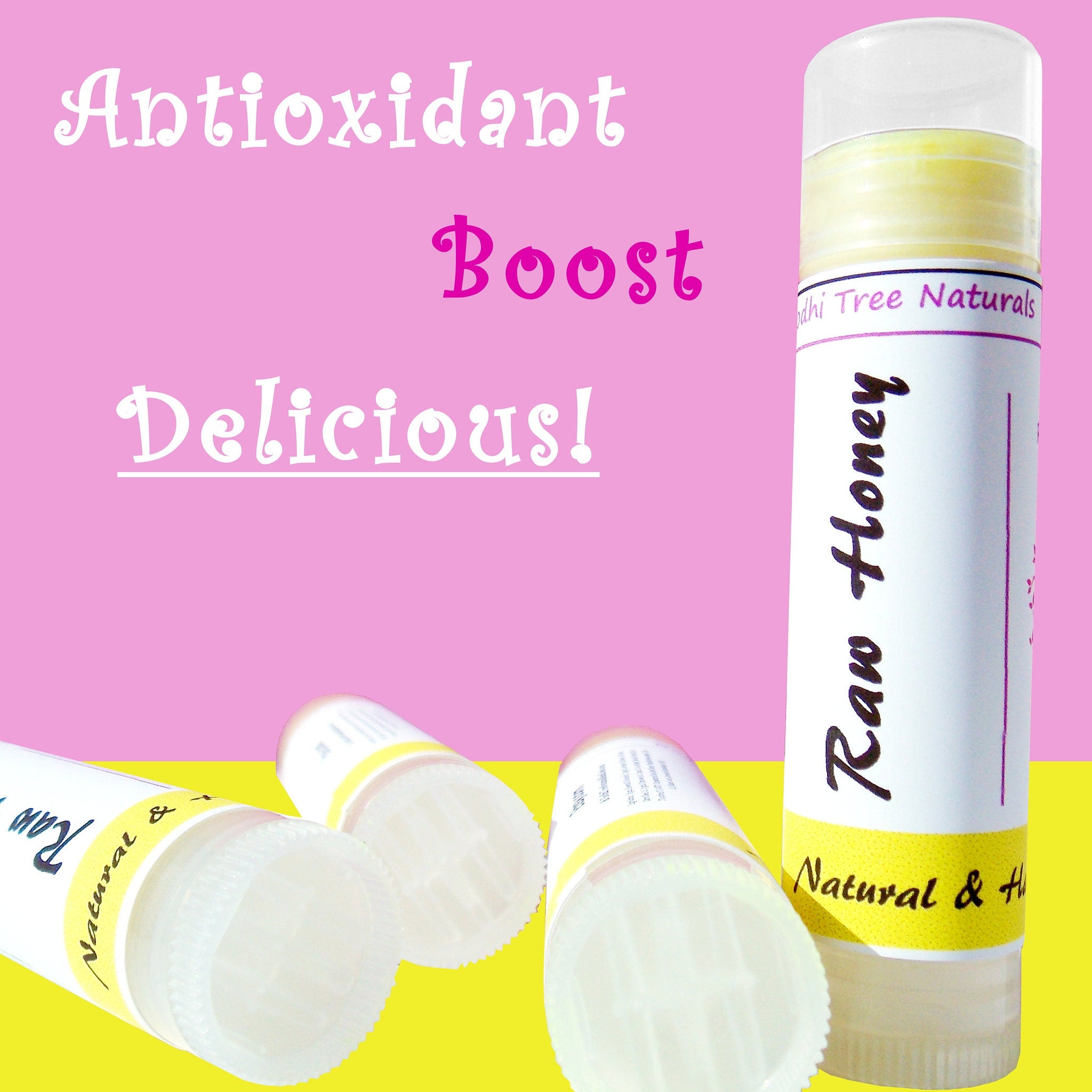 Lip balm tubes with white and yellow labels, clear cap, and Bodhi Tree Naturals brand name visible