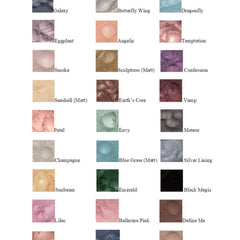Eyeshadow swatches, various colors, matte and shimmer finishes, with Elemental Beauty brand text visible