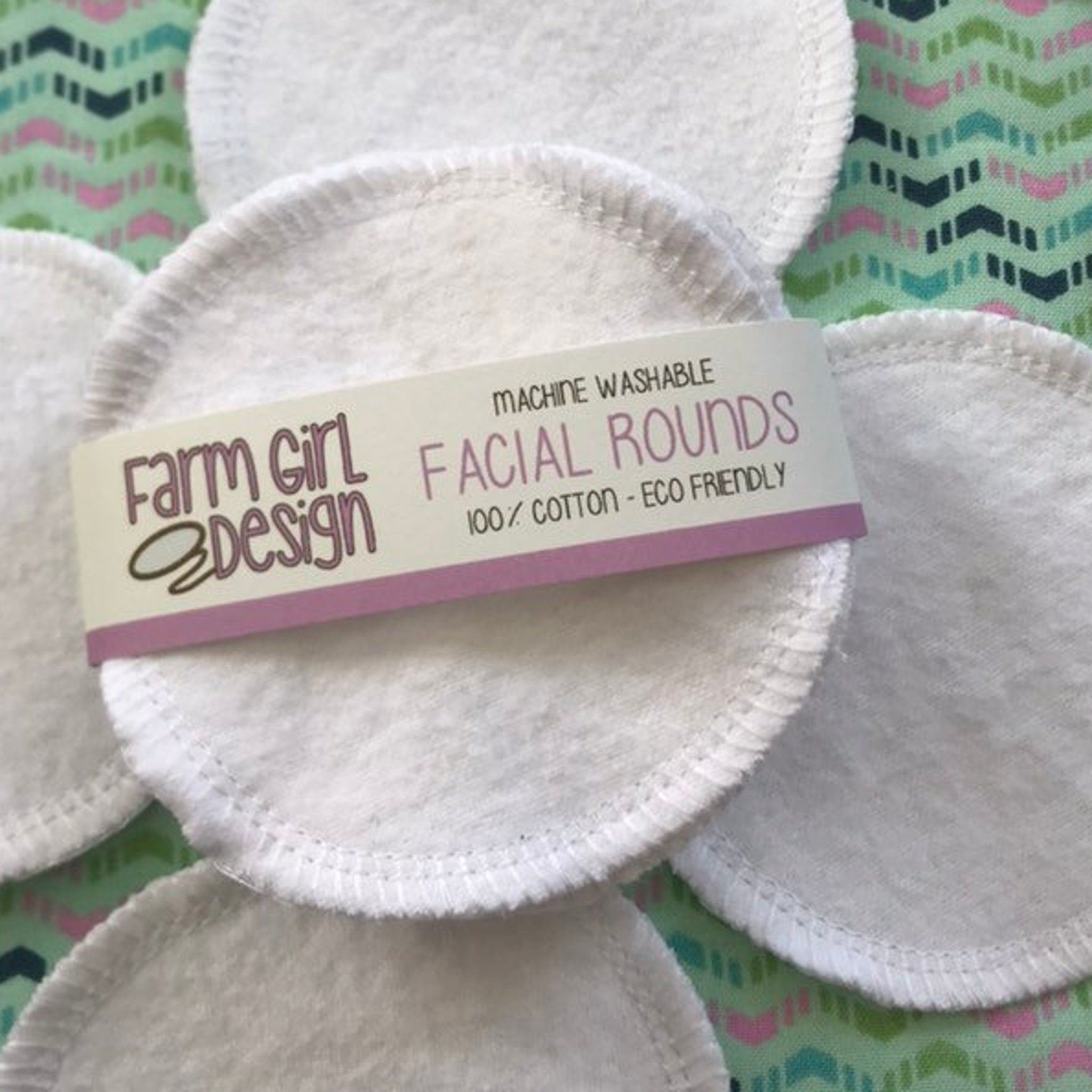 Facial Rounds white cotton rounds with stitched edges, Farm Girl Design branding visible