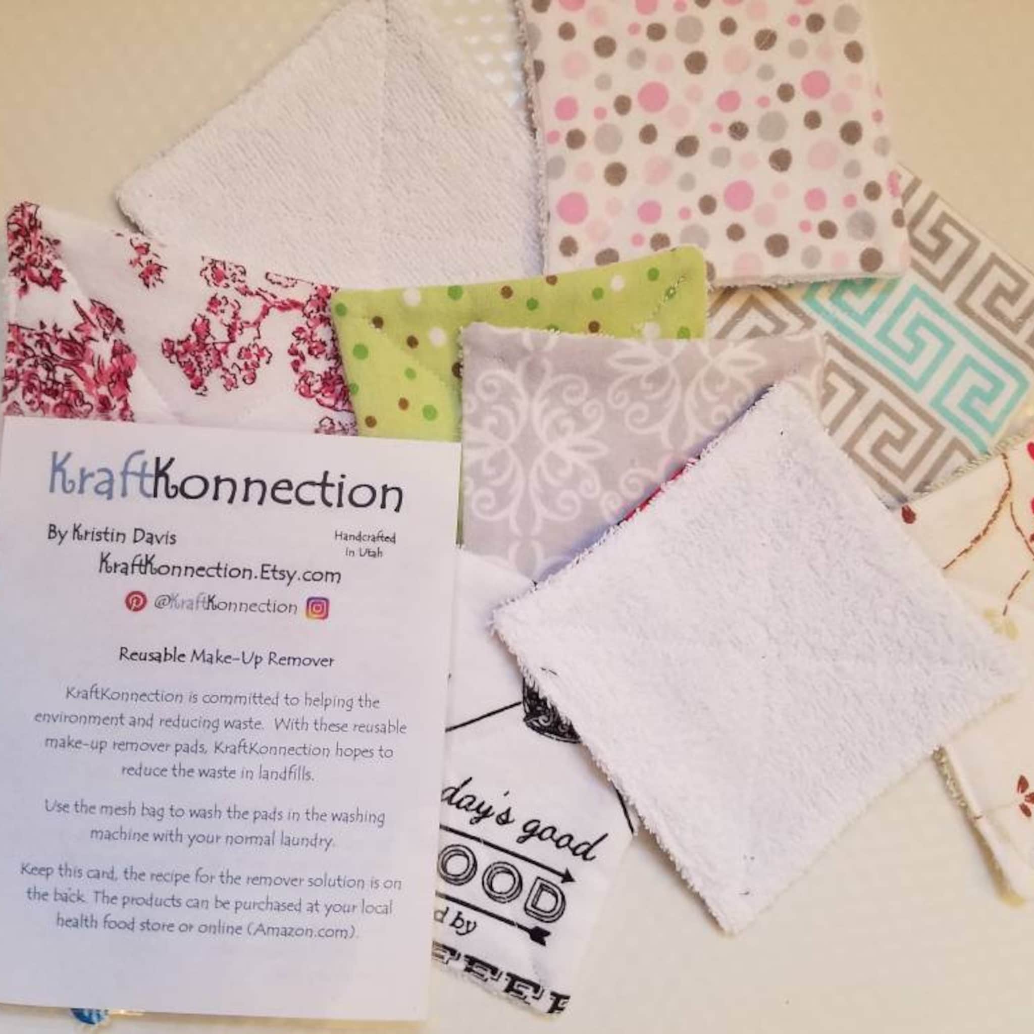 Reusable makeup remover pads in various patterns and colors, KraftKonnection brand visible