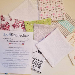 Reusable makeup remover pads in various patterns and colors, KraftKonnection brand visible