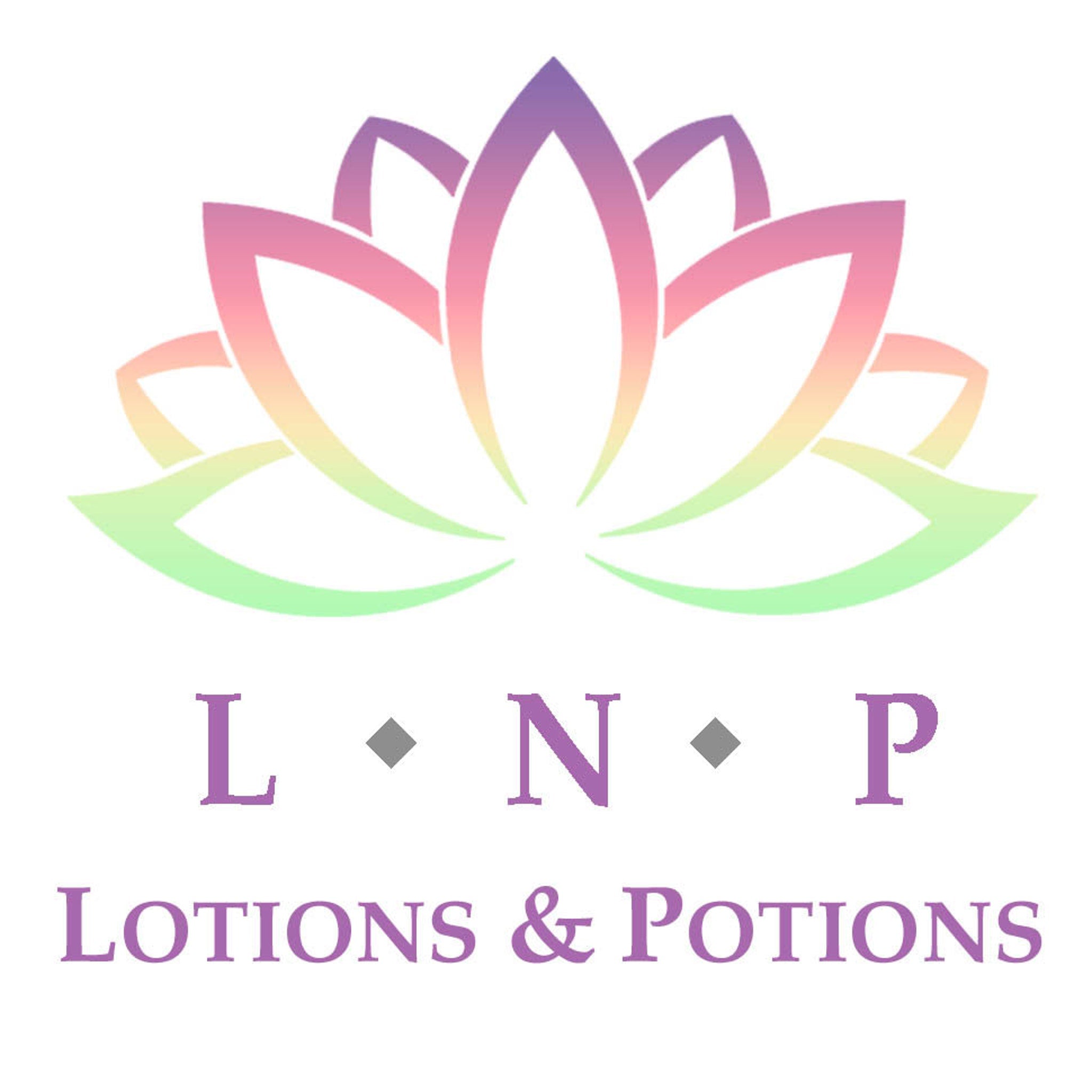 Logo with gradient flower design, purple text, and "Lotions & Potions" brand name.