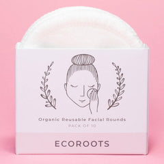 Reusable cotton rounds, white cotton rounds in a box, EcoRoots branding visible