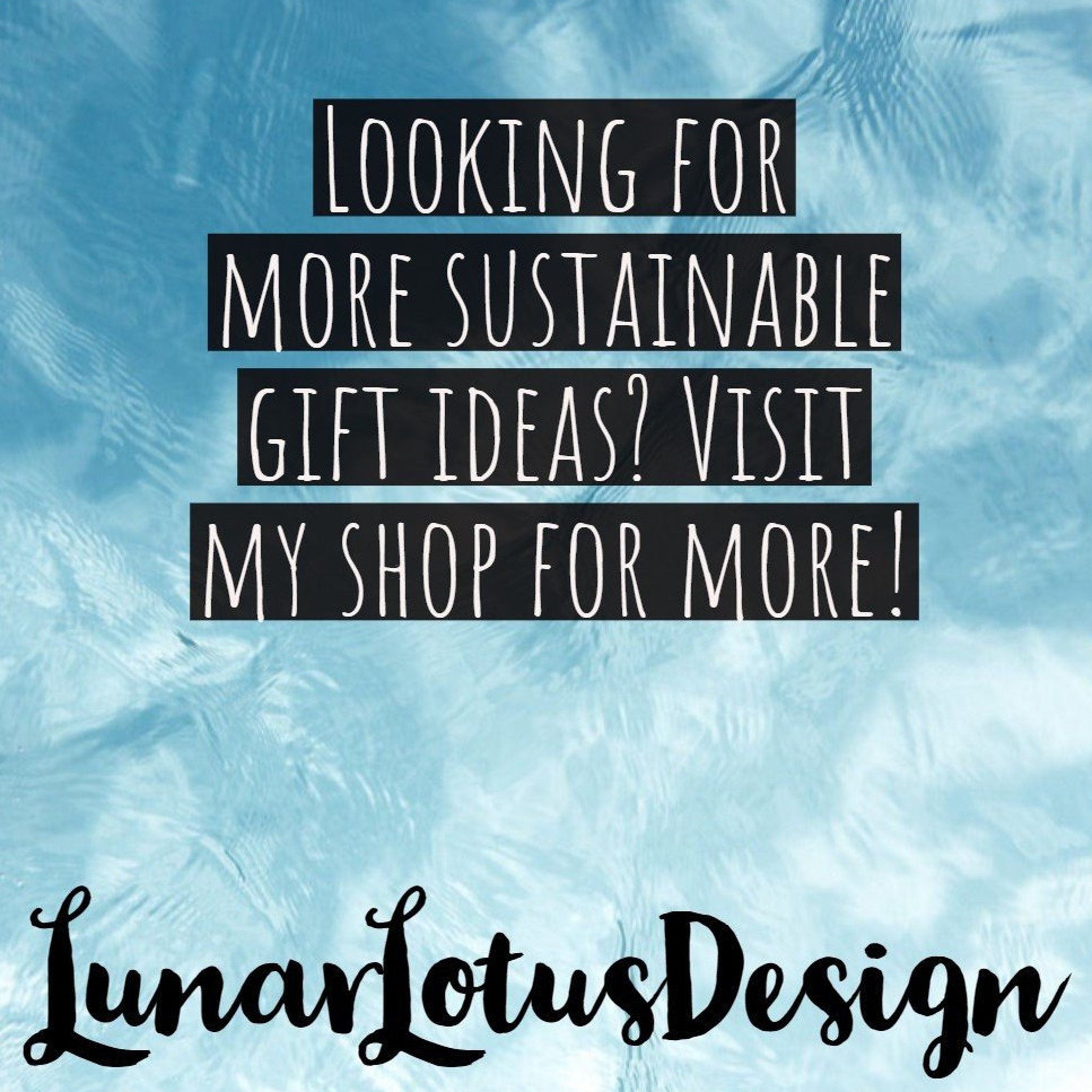 Shop announcement with black text on white, blue water background, Lunar Lotus Design logo at bottom