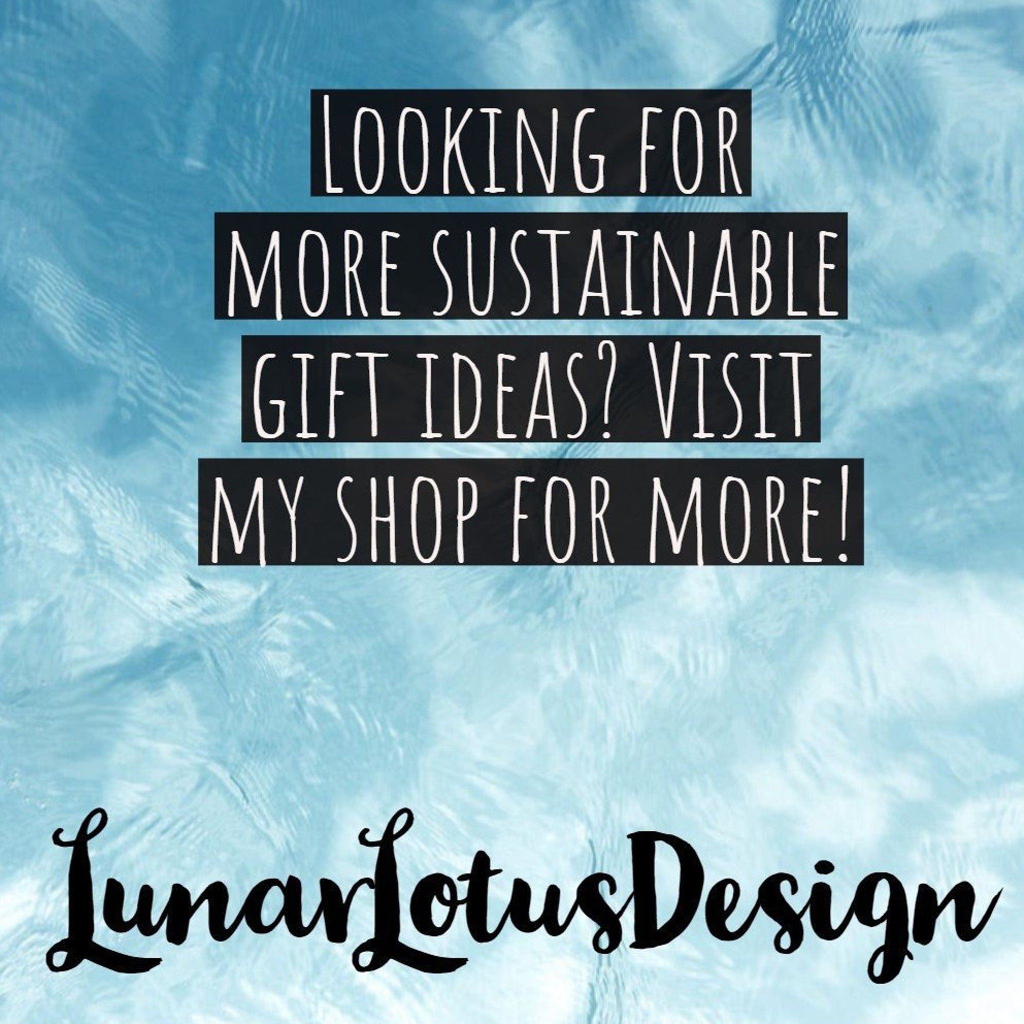 Shop announcement with black text on white, blue water background, Lunar Lotus Design logo visible