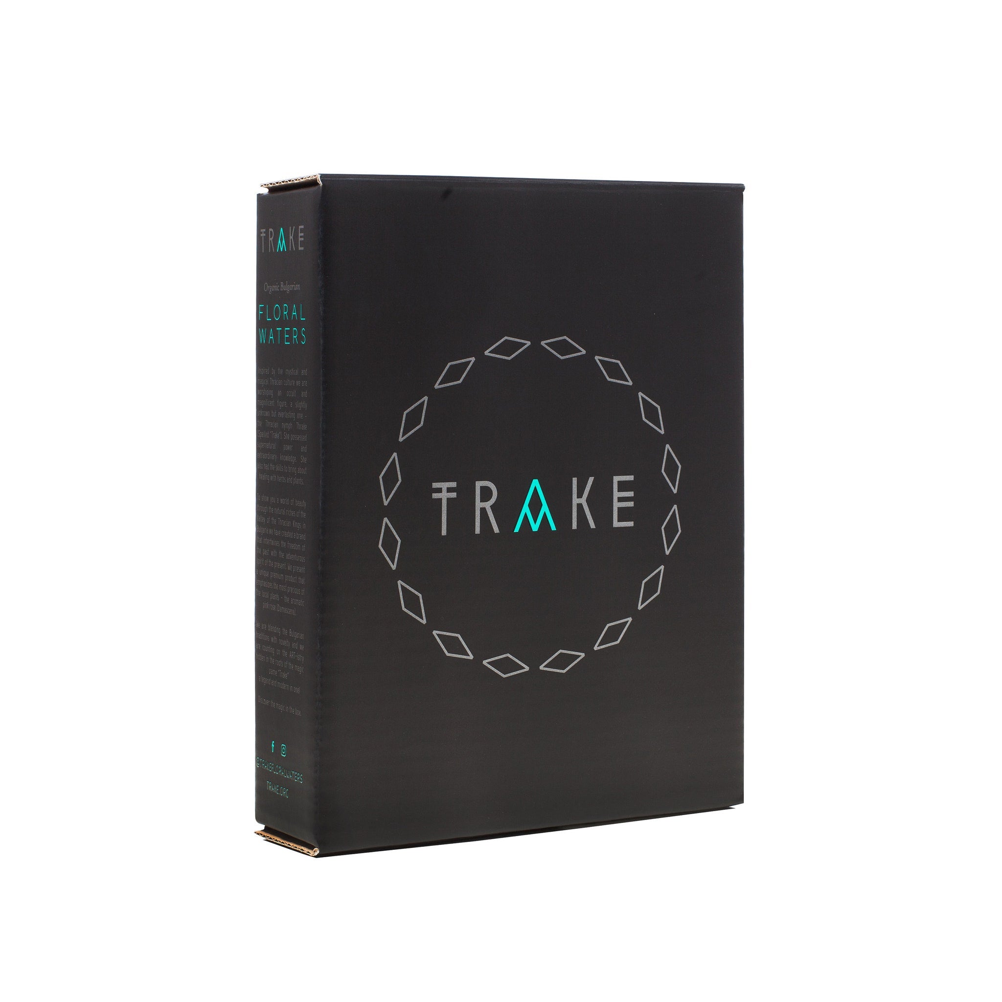 Black box with white diamond pattern and TRAKE brand name in silver and teal