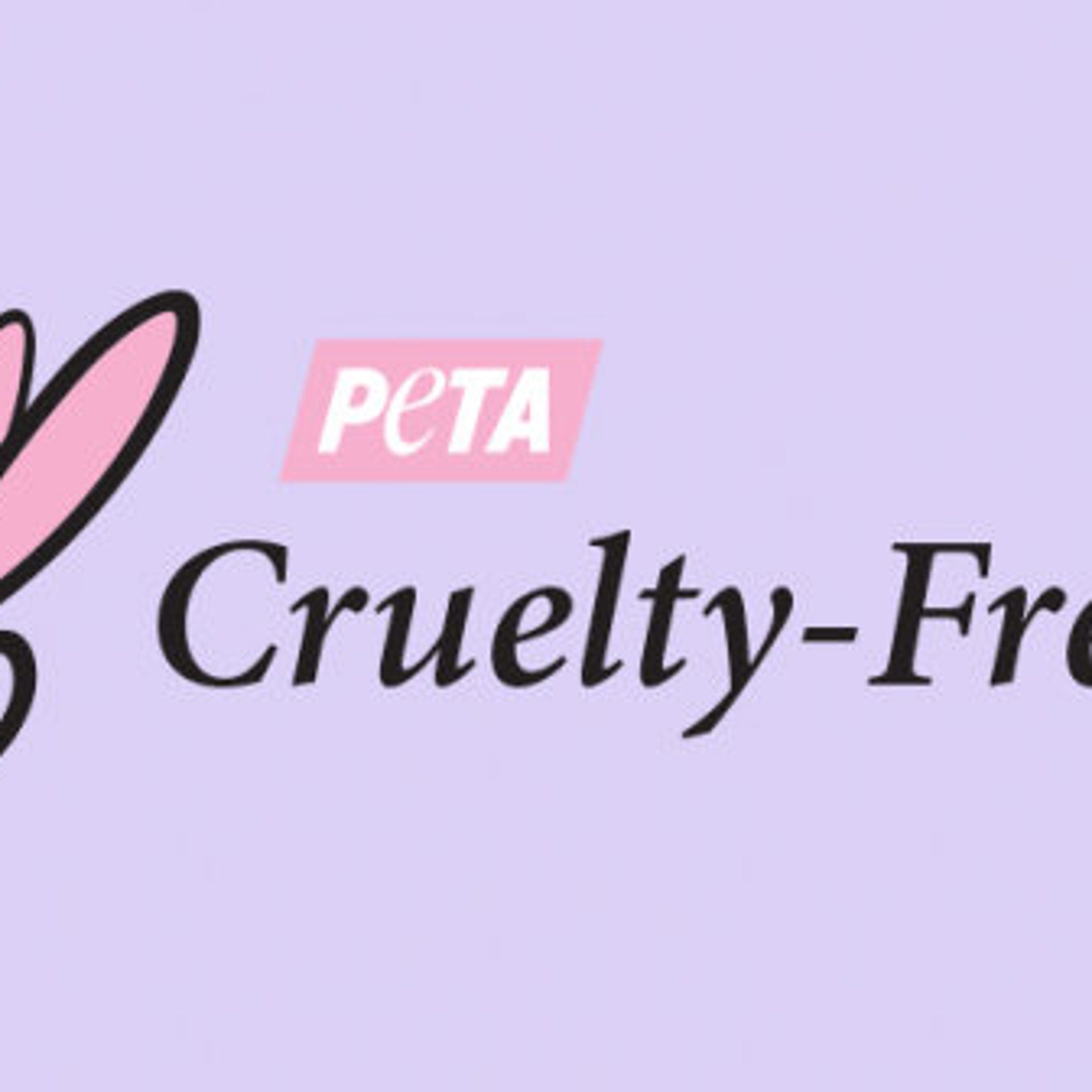 Cruelty-Free logo on light purple background with black text and PETA logo in pink box.