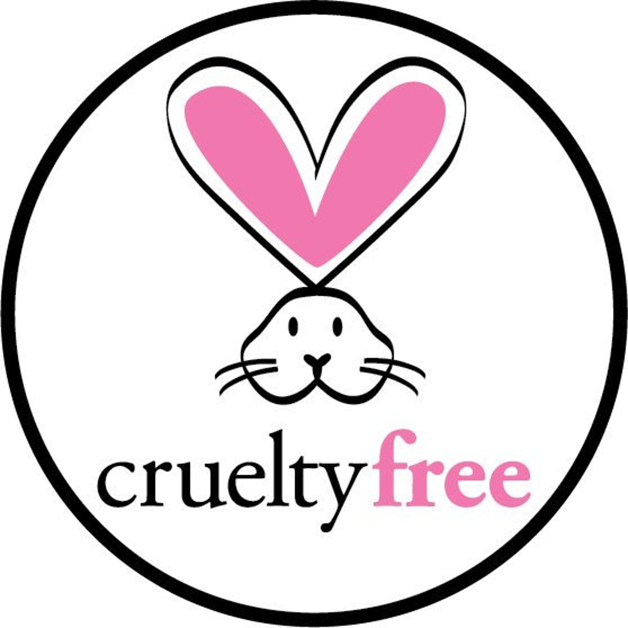 Cruelty-free logo with pink and black bunny design, white background, and text "cruelty free