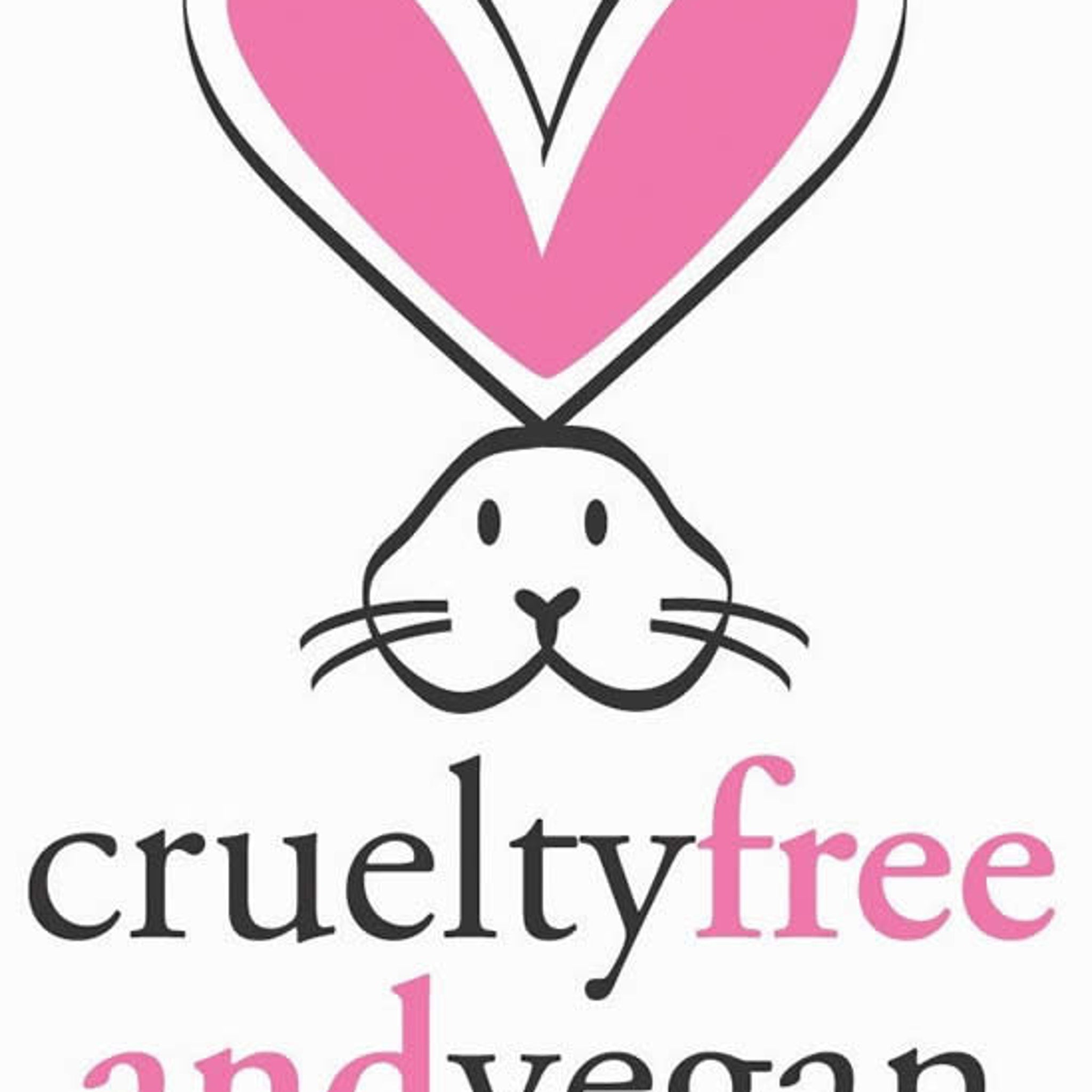 Cruelty-free logo with pink heart and bunny outline, black text, and white background