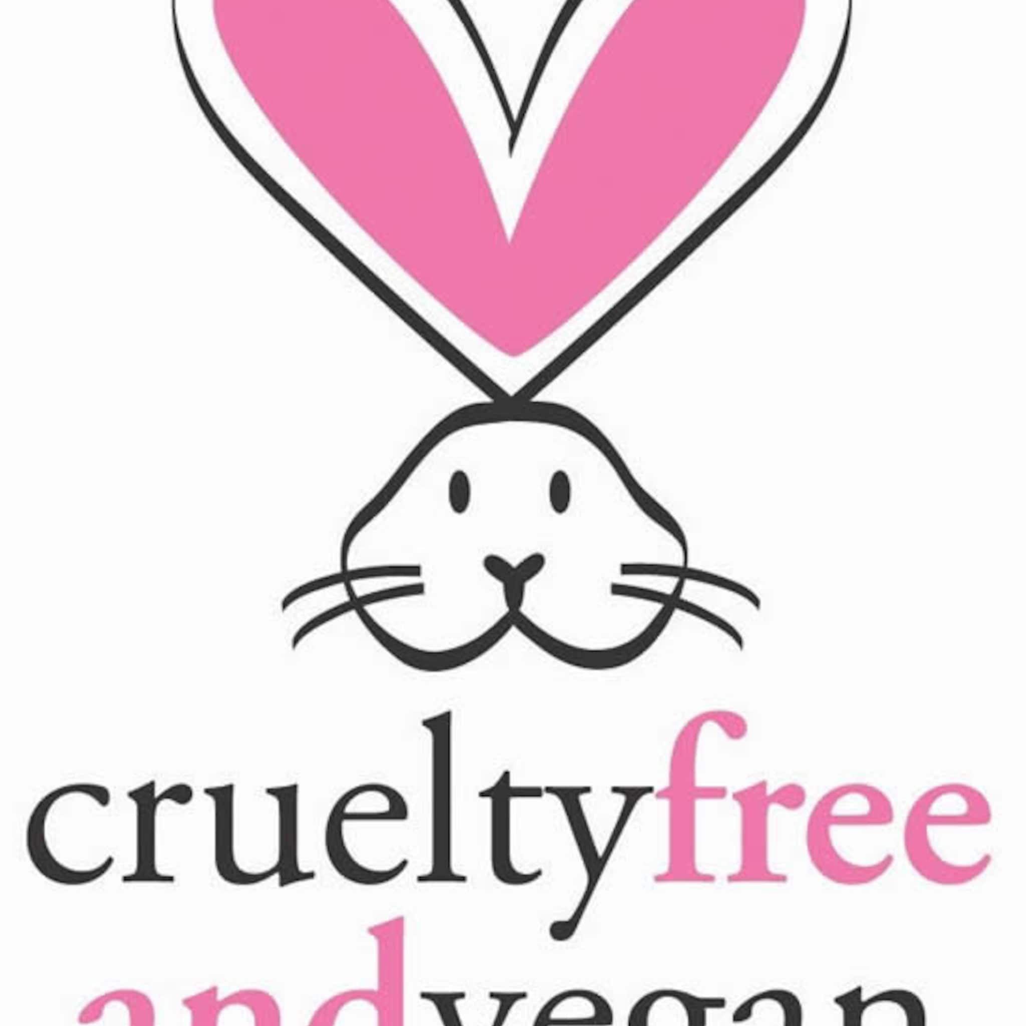 Cruelty-free logo with pink heart and bunny, black text on white background, and vegan text below