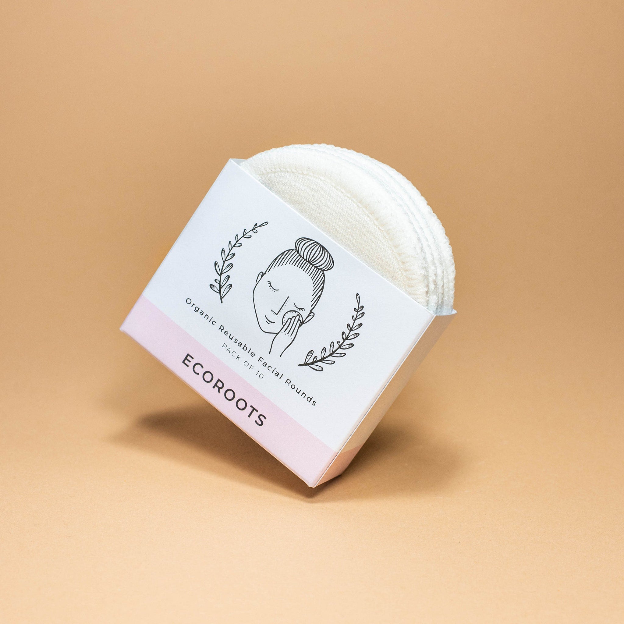 Reusable facial rounds, white cotton pads in a white box with Ecoroots branding and illustration of face
