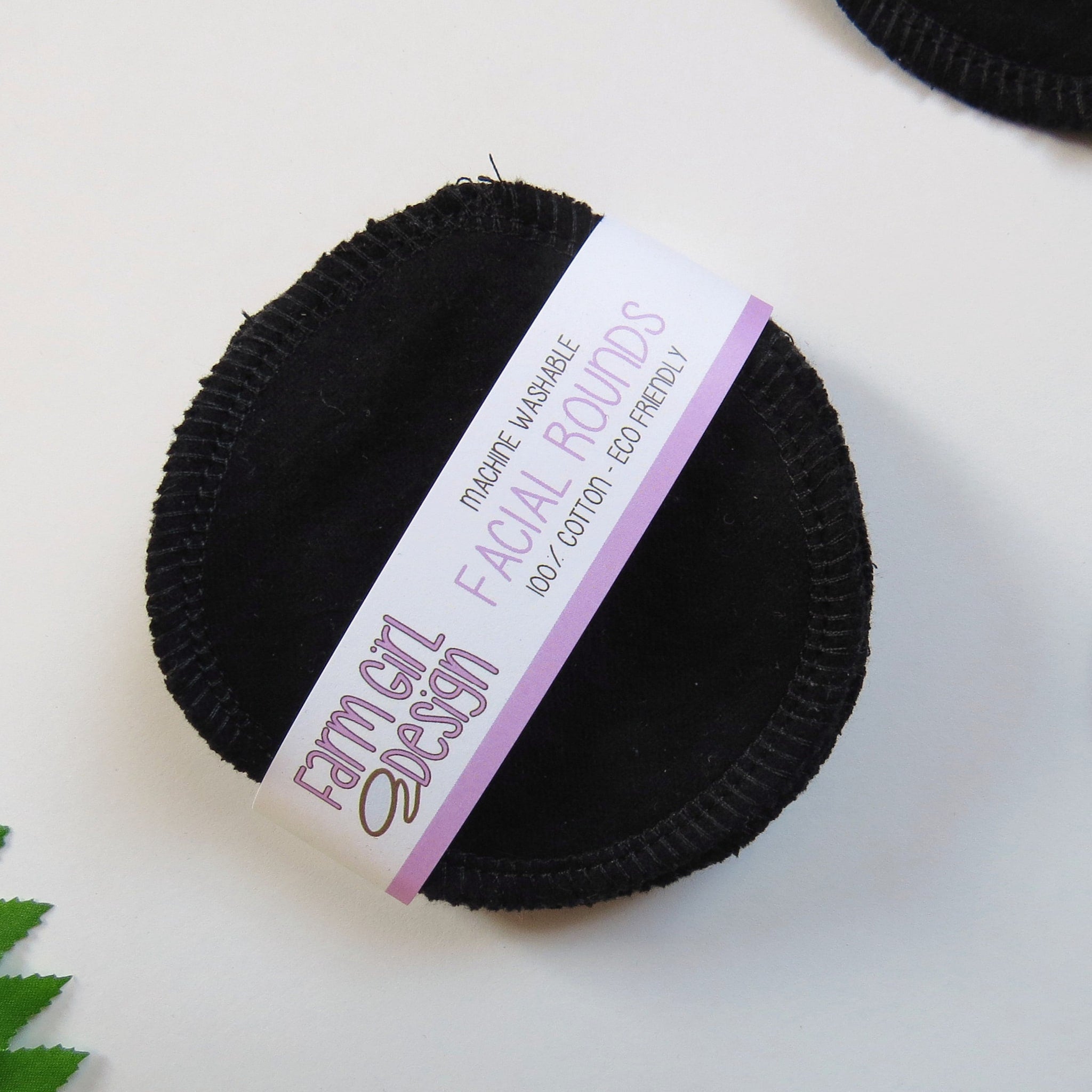 Facial rounds, black cotton fabric with stitched edge, Farm Girl Design label visible