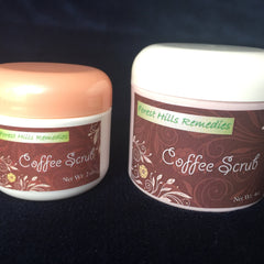 Coffee scrub jars with white and peach lids, brown label with floral pattern, Forest Hills Remedies text