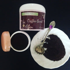 Coffee scrub jar with white lid, dark brown granules, and Forest Hills Remedies branding