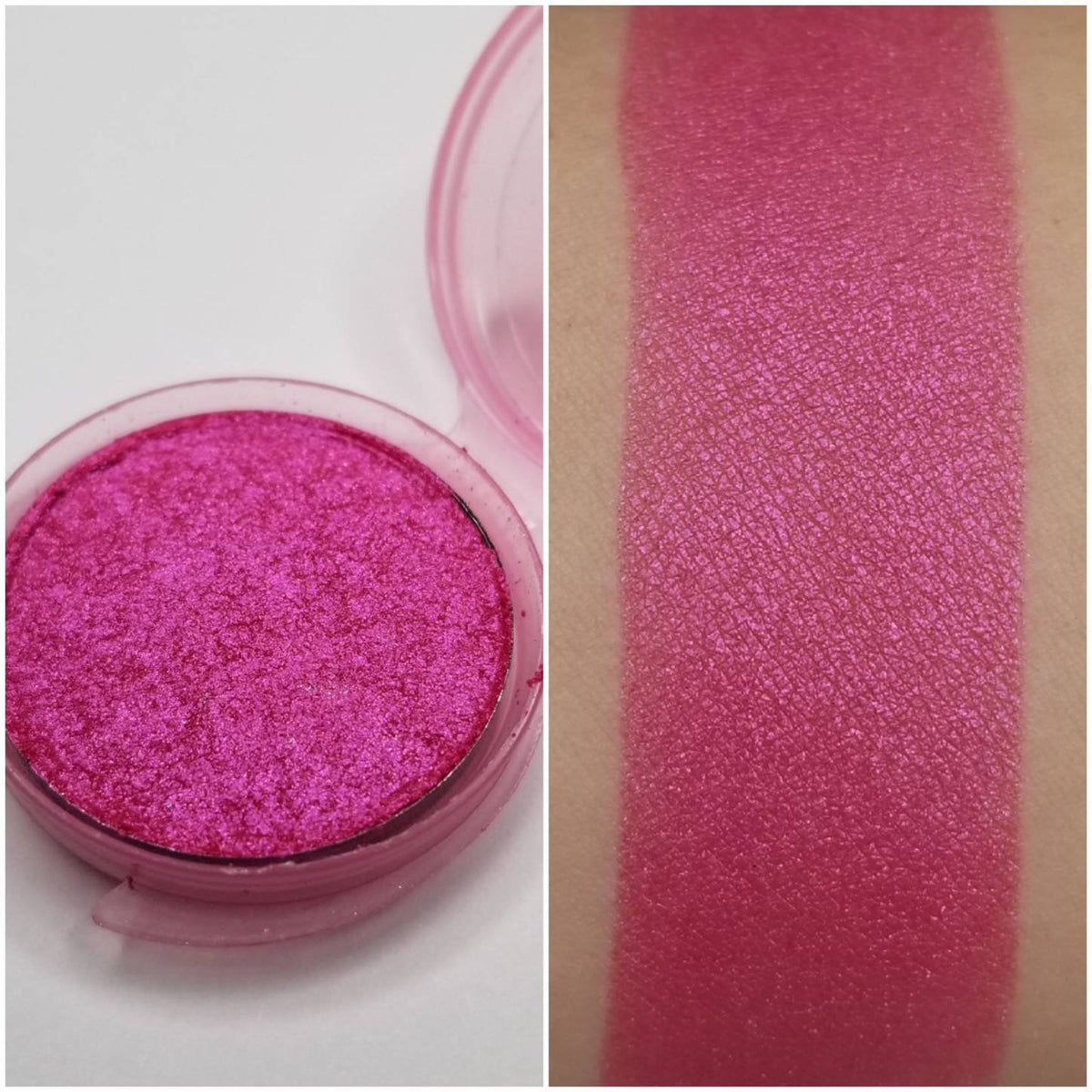 Pressed vegan eyeshadow in vibrant bubblegum pink with smooth matte finish, shown in compact pan.