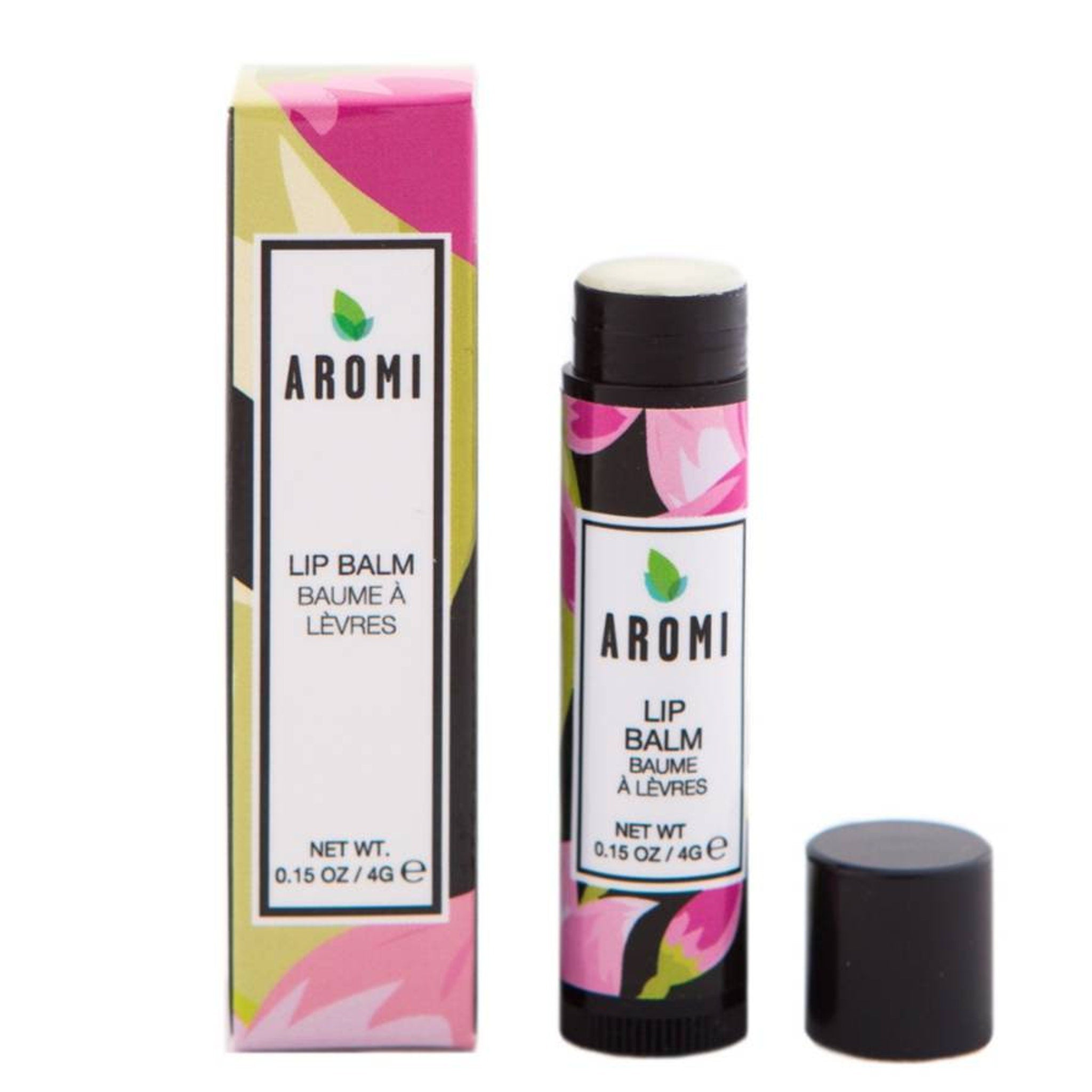 Lip balm with floral pattern, black and white ARMI packaging, and black cap, for lip care
