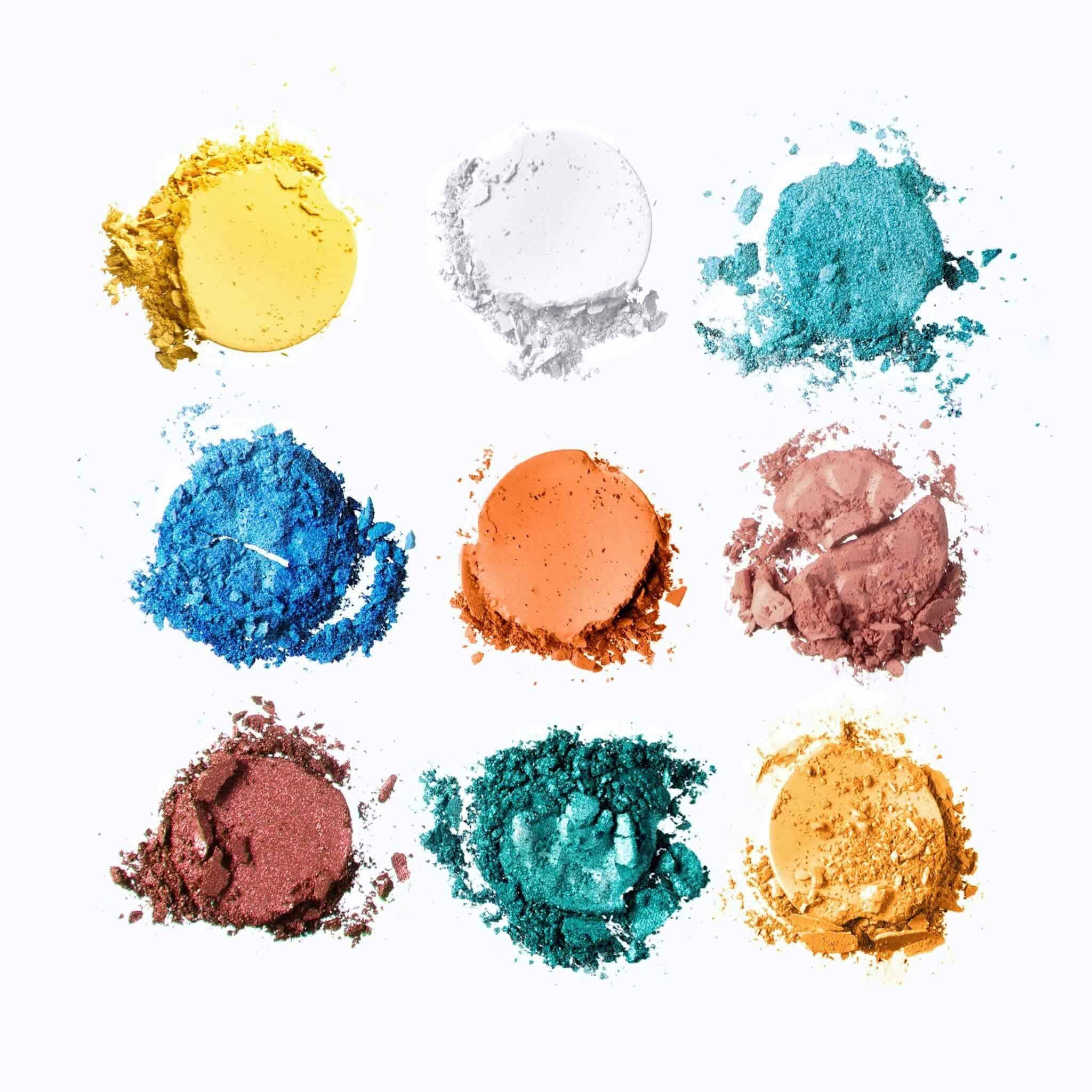Eyeshadow powder in yellow, white, blue, orange, red, and green colors, Mavie Cosmetics