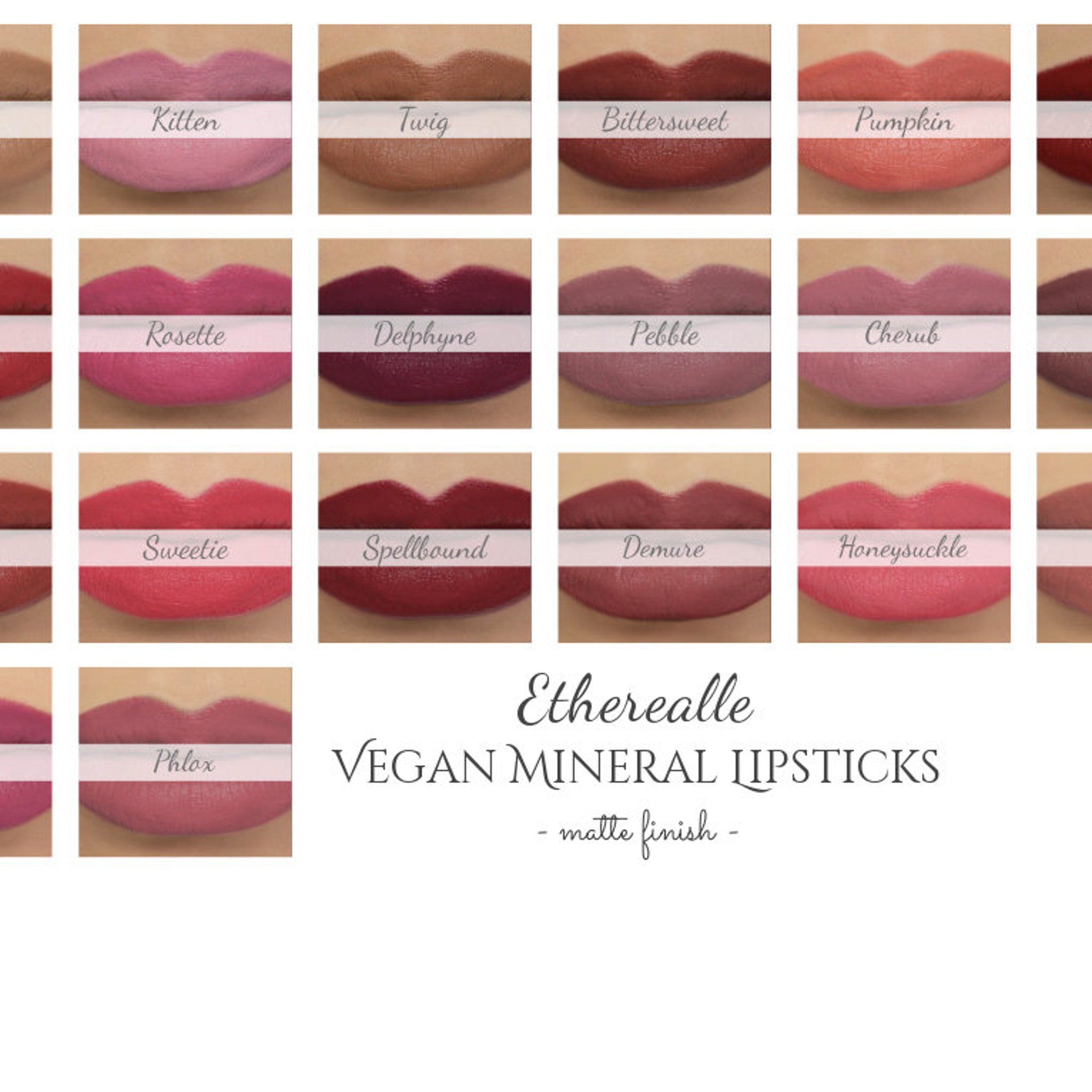 Lipsticks in various colors, matte finish, with Etherealle brand name on display