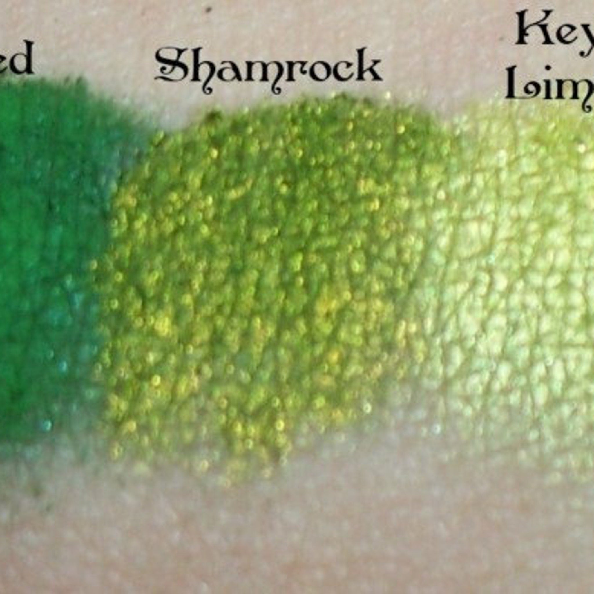 Green eyeshadow swatches with shimmer, Shamrock and Key Lime colors on skin