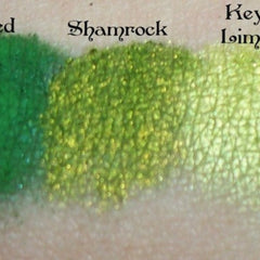 Green eyeshadow swatches with shimmer, Shamrock and Key Lime colors on skin