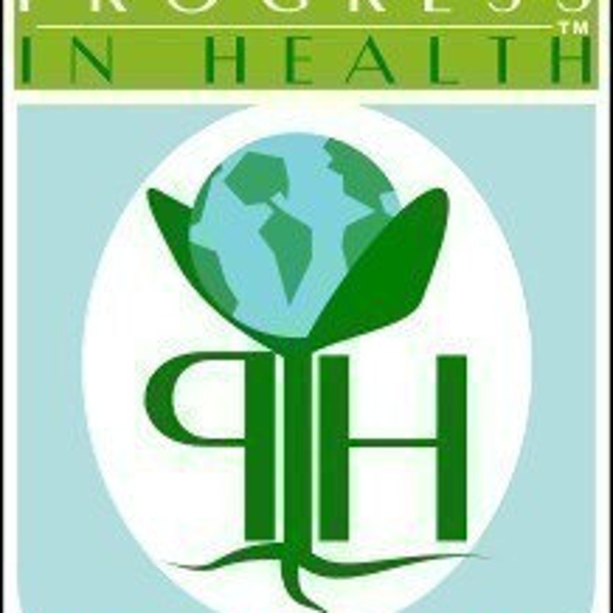 Logo with green and blue colors, stylized globe and letters "PH" inside oval shape, "PROGRESS IN HEALTH" text