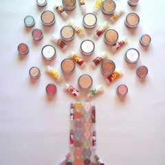 Six small resealable bags of mineral eyeshadow samples in various earthy tones displayed on a neutral background