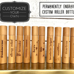 Essential oil roller bottles, natural bamboo, engraved text, The Wellness Lounge