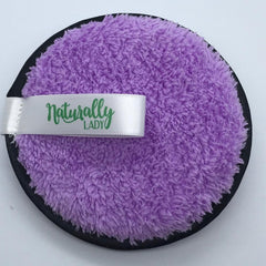 Reusable makeup remover pad, purple microfiber, black trim, Naturally Lady brand ribbon
