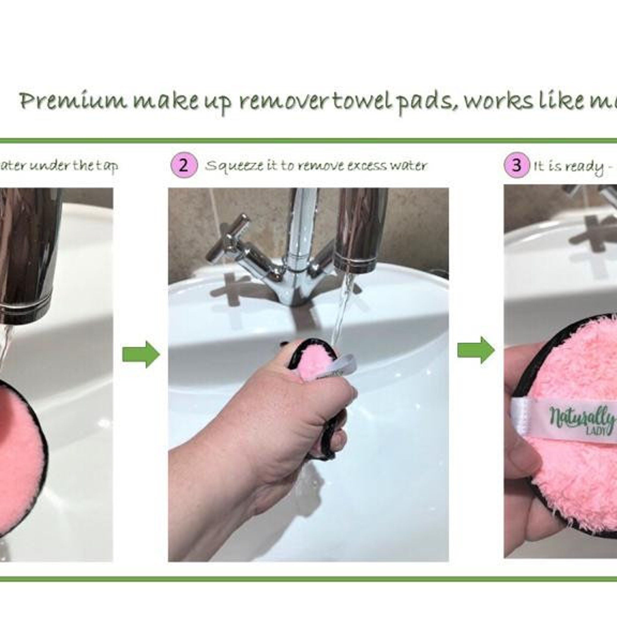 Makeup remover pads, pink microfiber, black trim, with "Naturally Lady" label, in use
