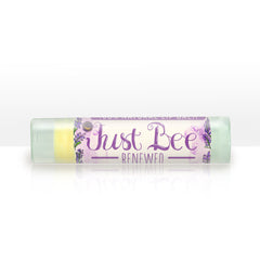 Lip balm tube with lavender design, "Just Bee Renewed" text, and light green cap