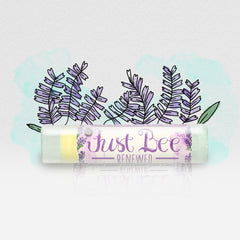 Lip balm tube with clear plastic, yellow balm, and Just Bee Renewed text