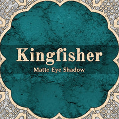 Eye shadow with Kingfisher text, turquoise matte color, ornate border design