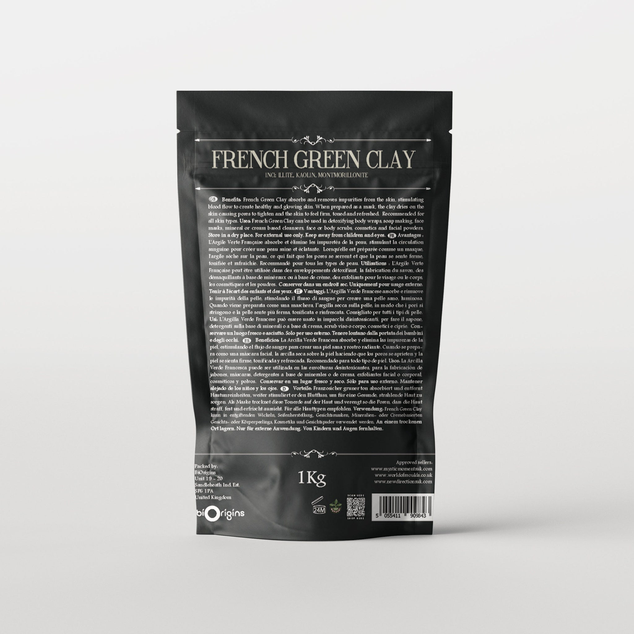 French Green Clay bag in black with white text, 1Kg size, and brand logo