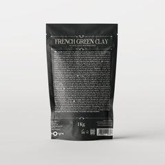 French Green Clay bag with black and white packaging, text visible, 1Kg size