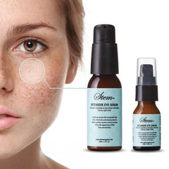 Eye serum bottles, brown glass, black pump, with Stem branding and woman's face
