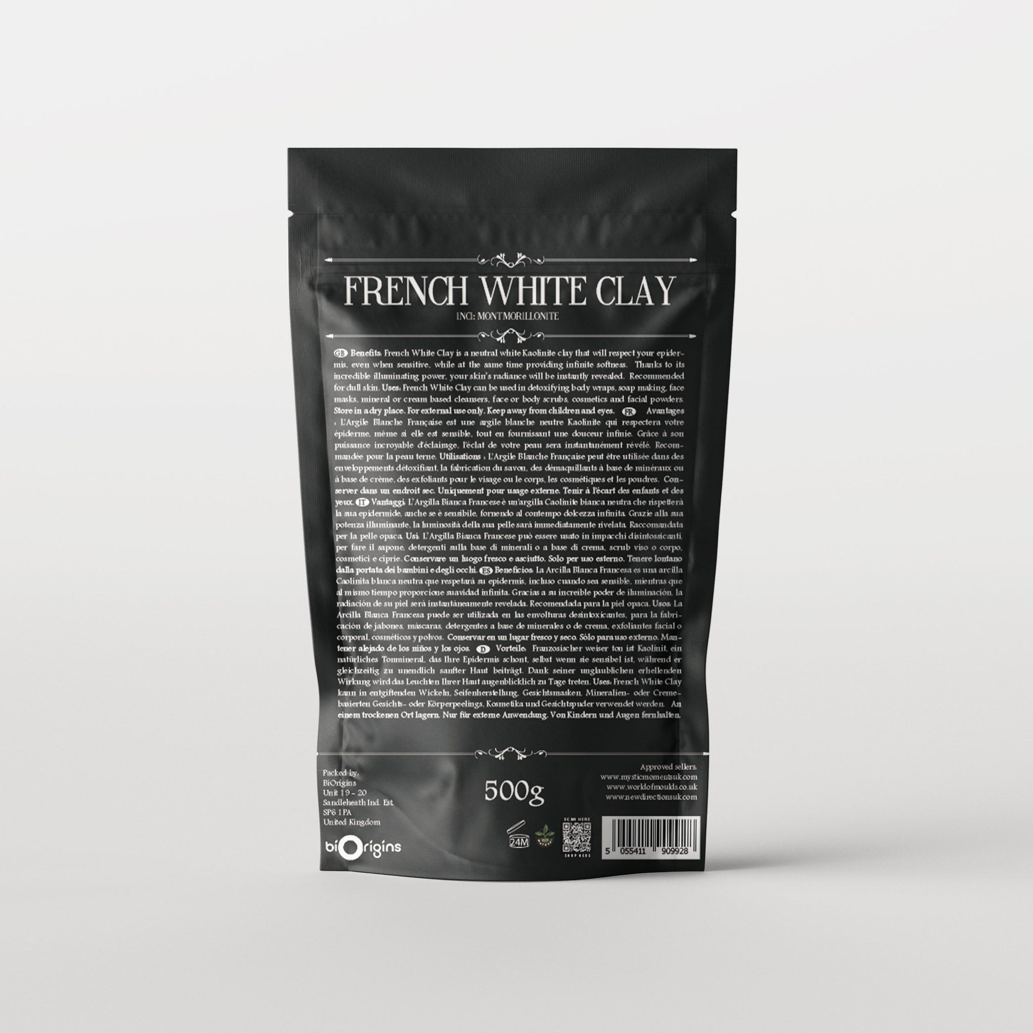 French White Clay product packaging, black bag, white text, 500g weight visible