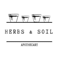 Herbs & Soil logo with four black and white sketched pots on a shelf with brand text below