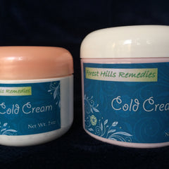Cold cream jars with white and peach lids, blue label with floral pattern, Forest Hills Remedies text