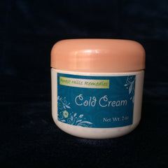 Cold cream jar with peach lid, white body, and blue label with text "Cold Cream" and "Forest Hills Remedies