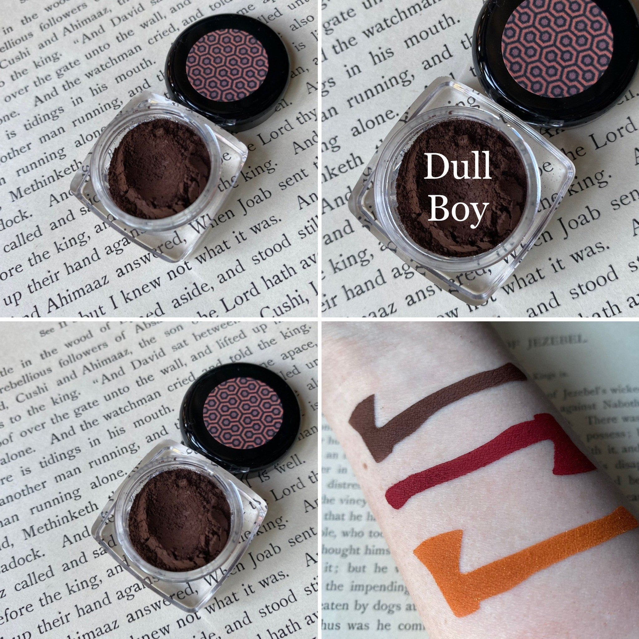 Single pan of bold dark red-brown matte eyeshadow with smooth velvety finish in black compact