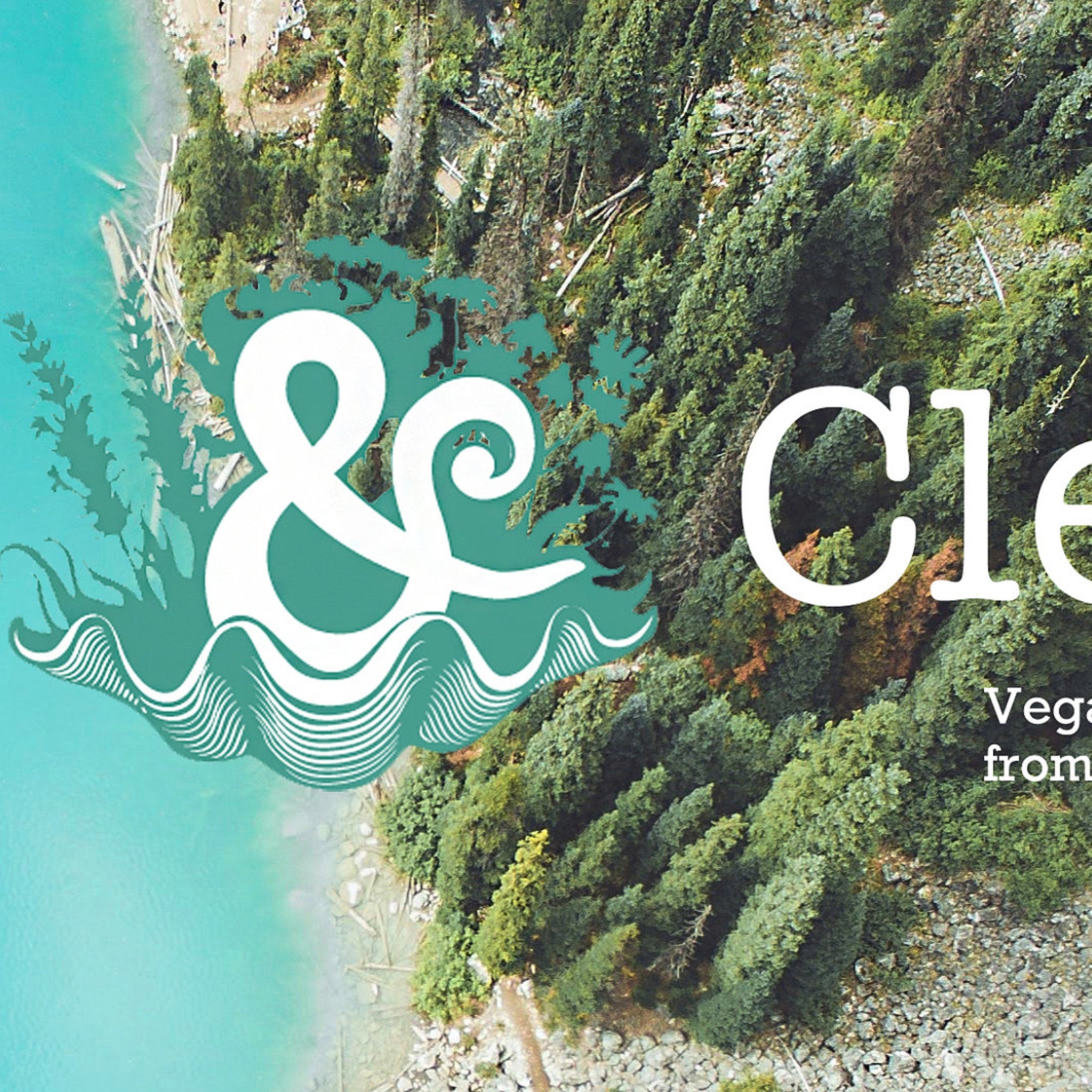 Logo with white text, turquoise and white wave design, and green and brown trees in background