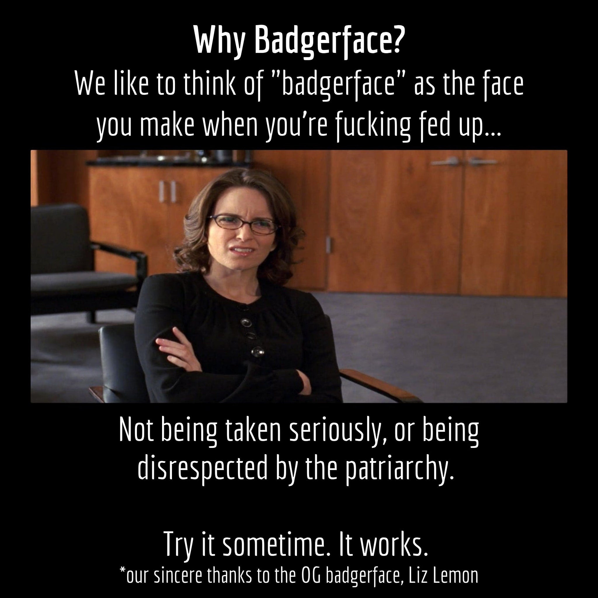 Woman in black top with glasses looking annoyed, sitting in chair, text on black background
