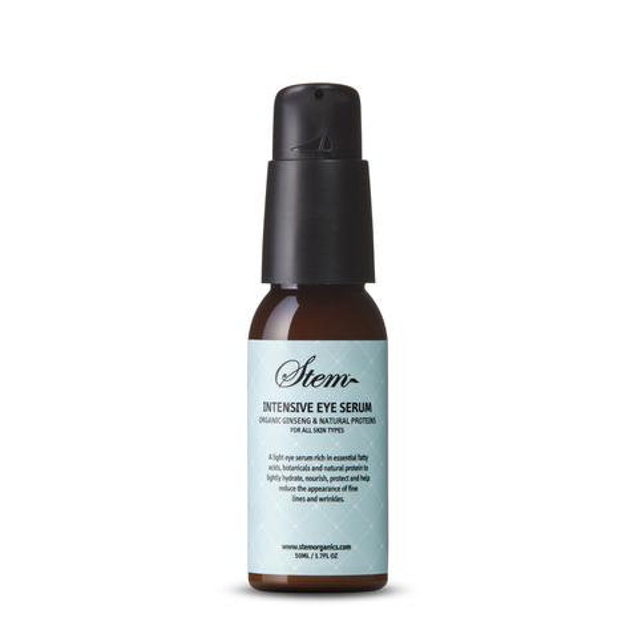 Eye serum bottle, brown glass, black pump top, Stem Organics label