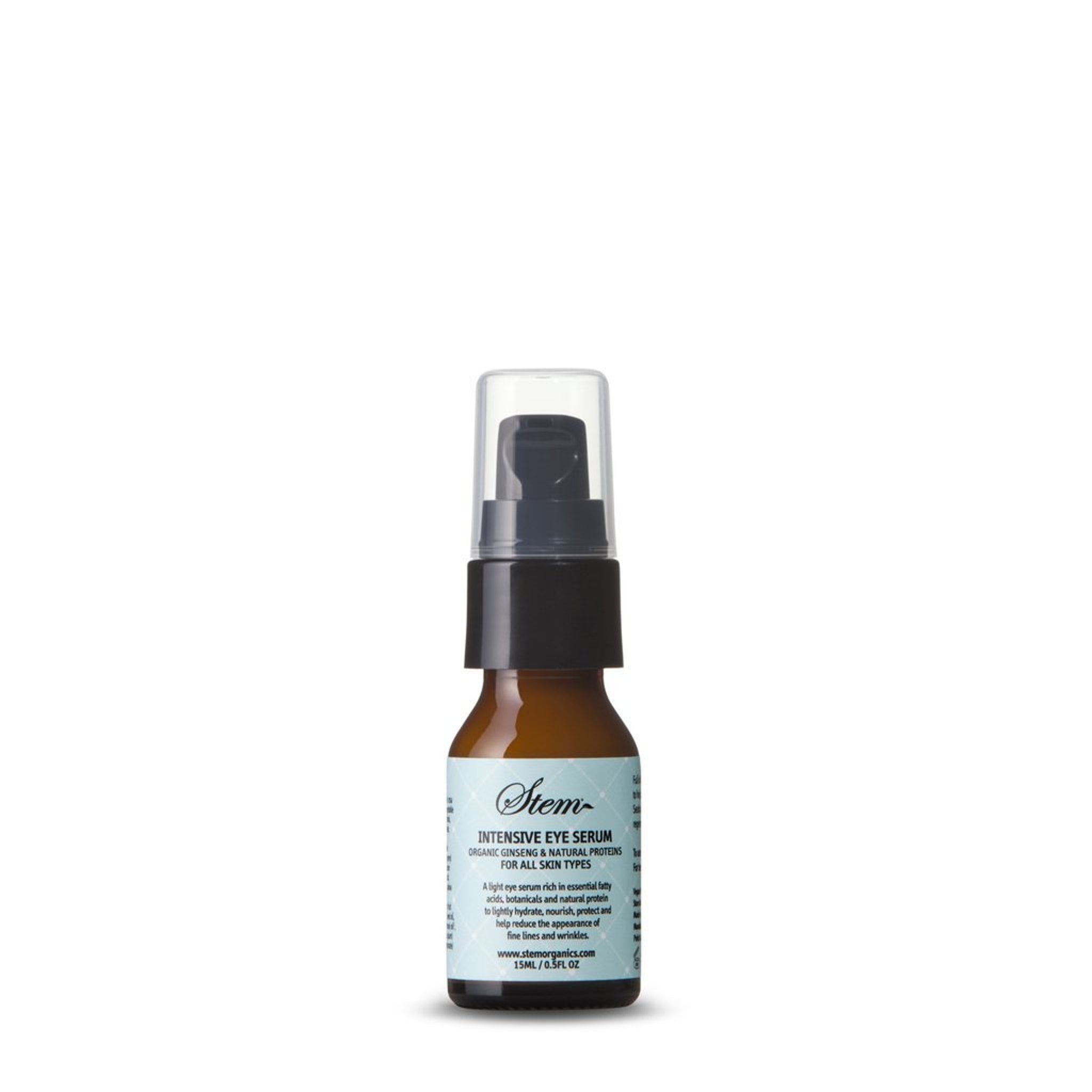 Eye serum bottle with brown glass, black pump, and Stem label for skincare