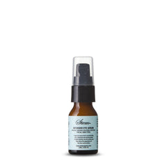 Eye serum bottle with brown glass, black pump, and Stem label for skincare