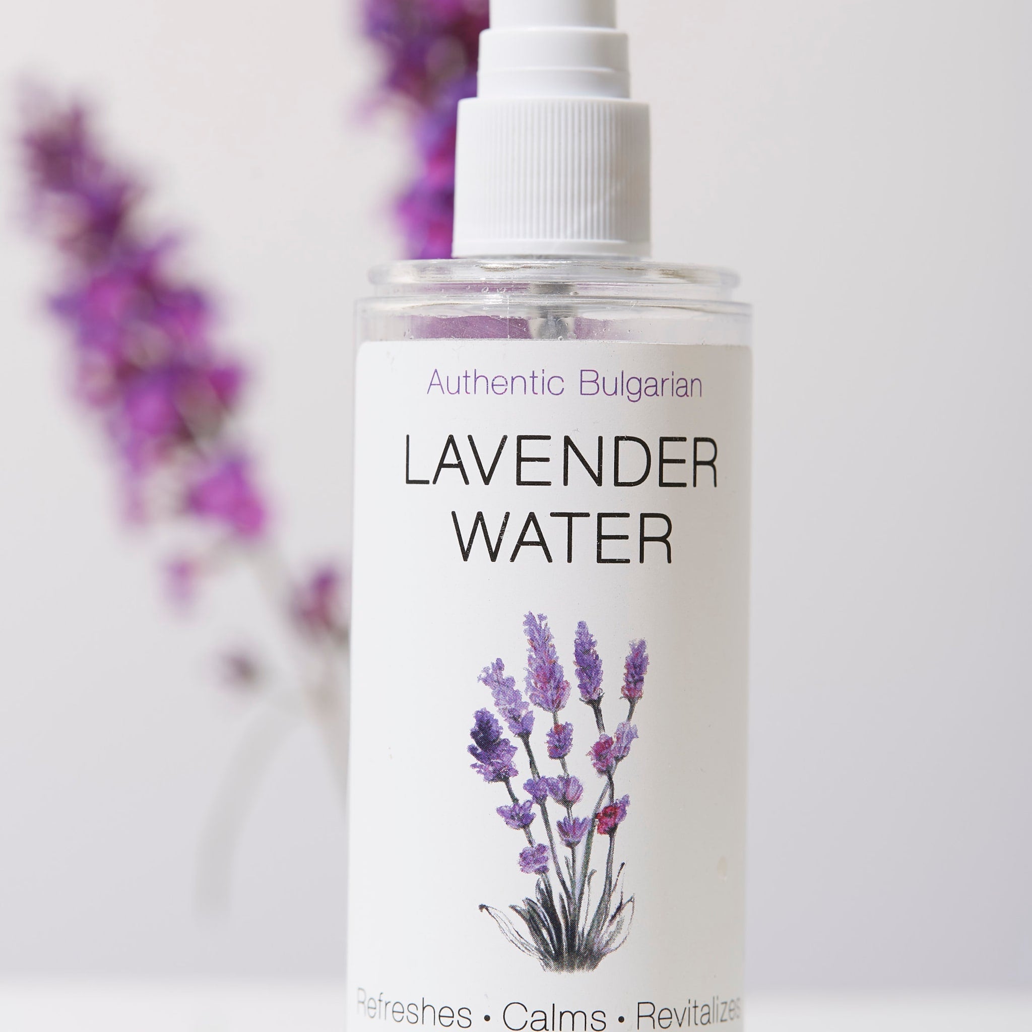 Lavender water spray bottle with white label and purple lavender illustration, Authentic Bulgarian text