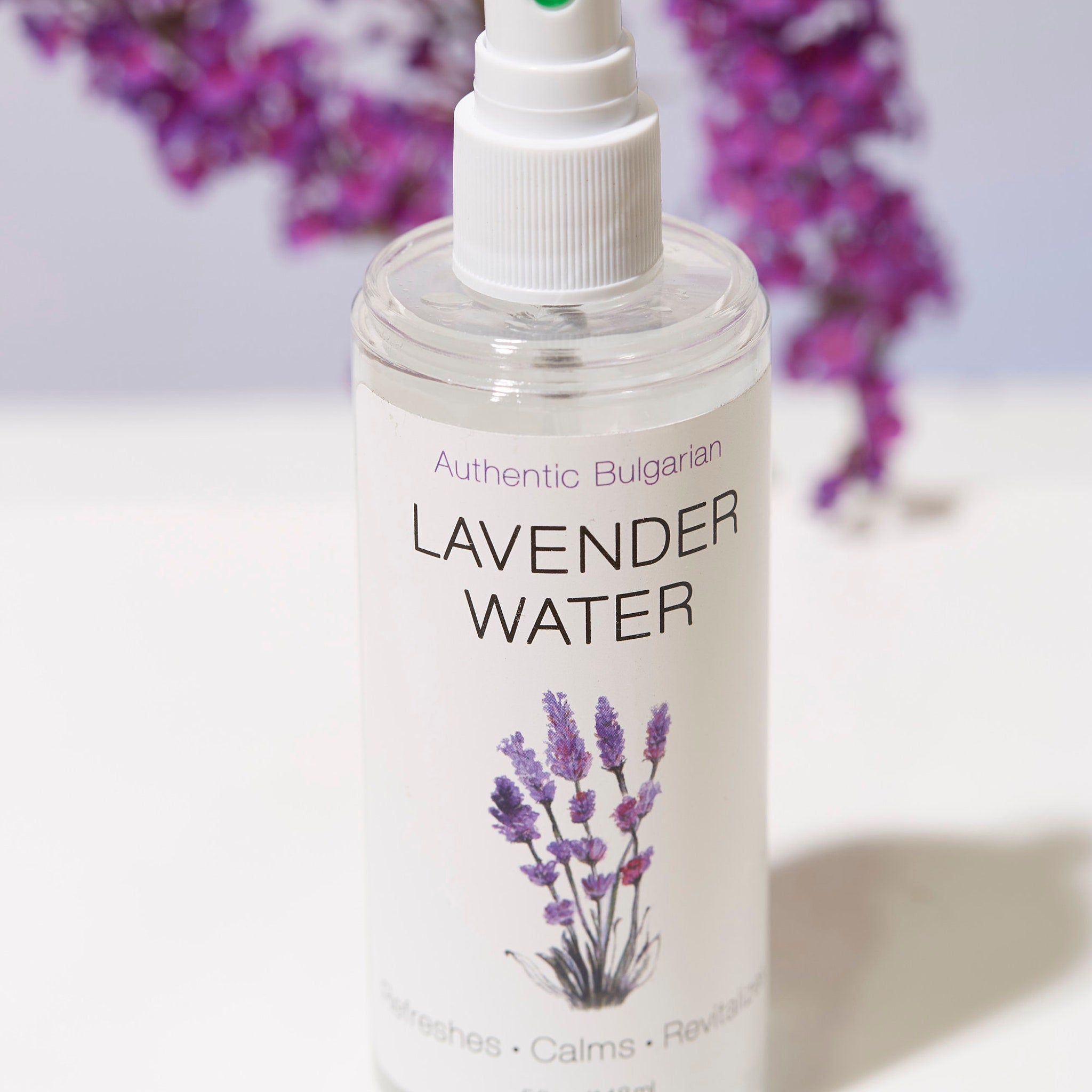 Lavender water spray bottle with white label and purple floral illustration, Authentic Bulgarian text