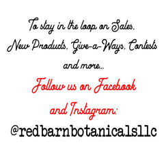Social media graphic with black and red text, white background, @redbarnbotanicalsllc branding